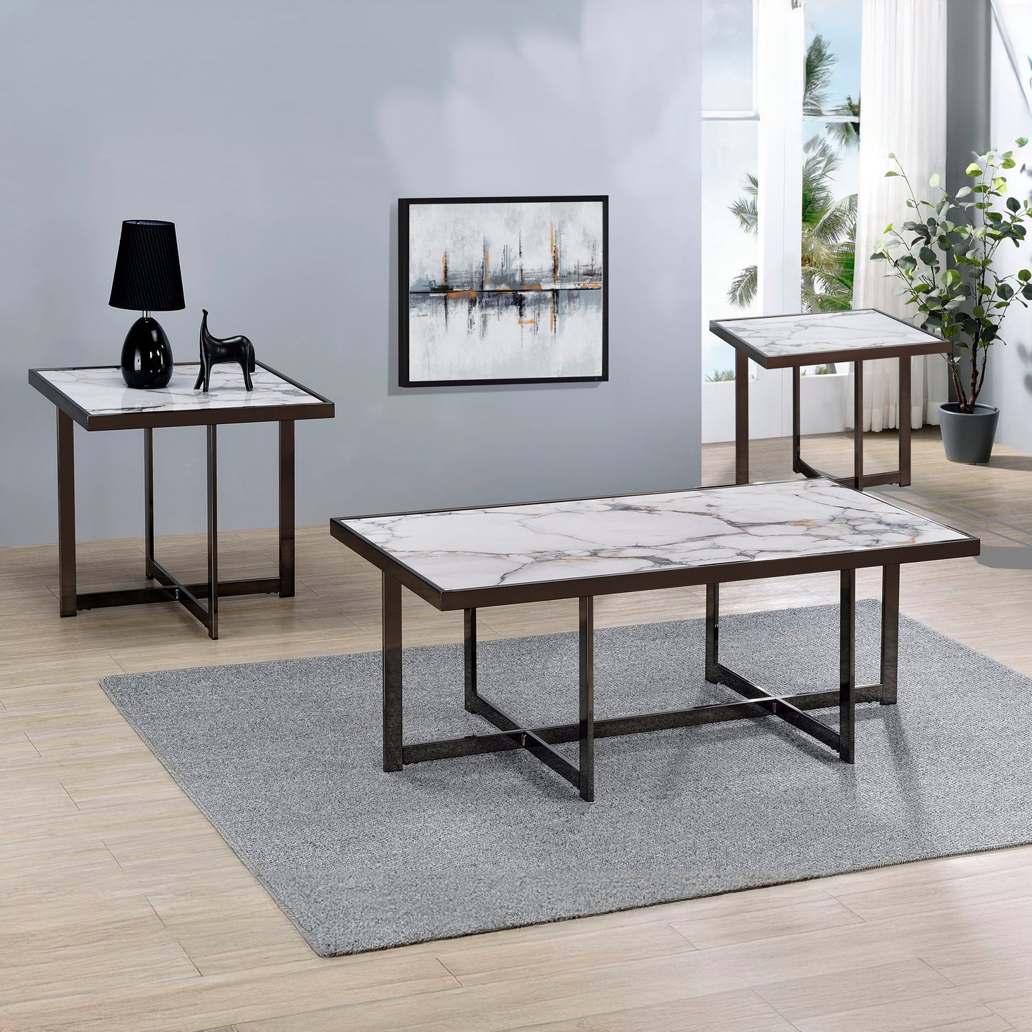 Kayley - 3 Piece Sintered Stone Inlay Occasional Table Set - White / Black