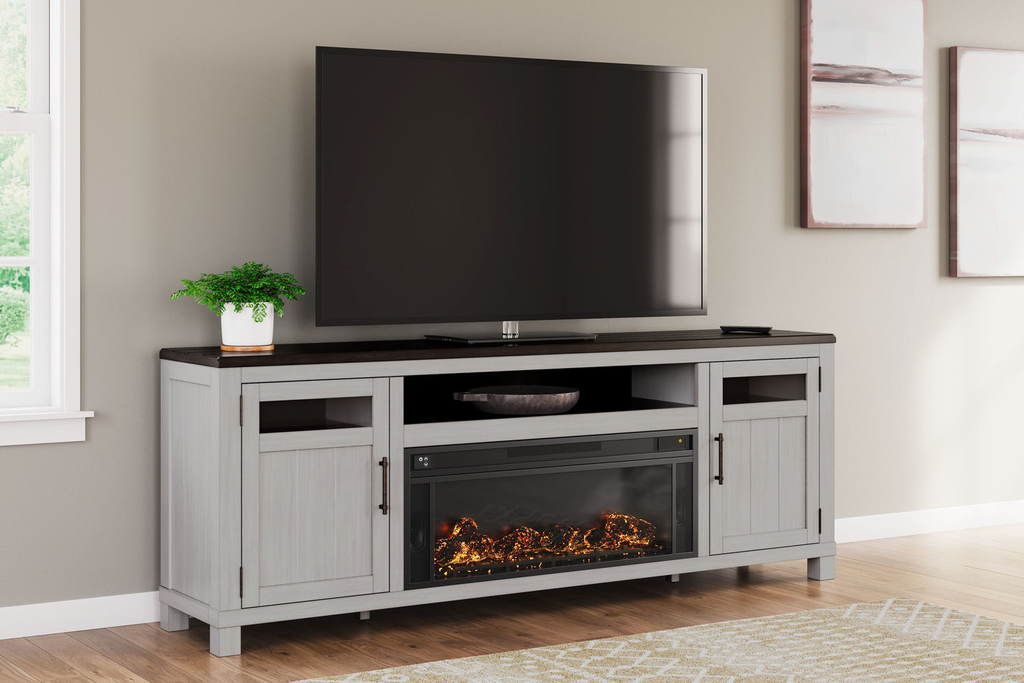 Darborn - Gris / Marrón - Mueble para TV de 88" con inserto eléctrico para chimenea por infrarrojos