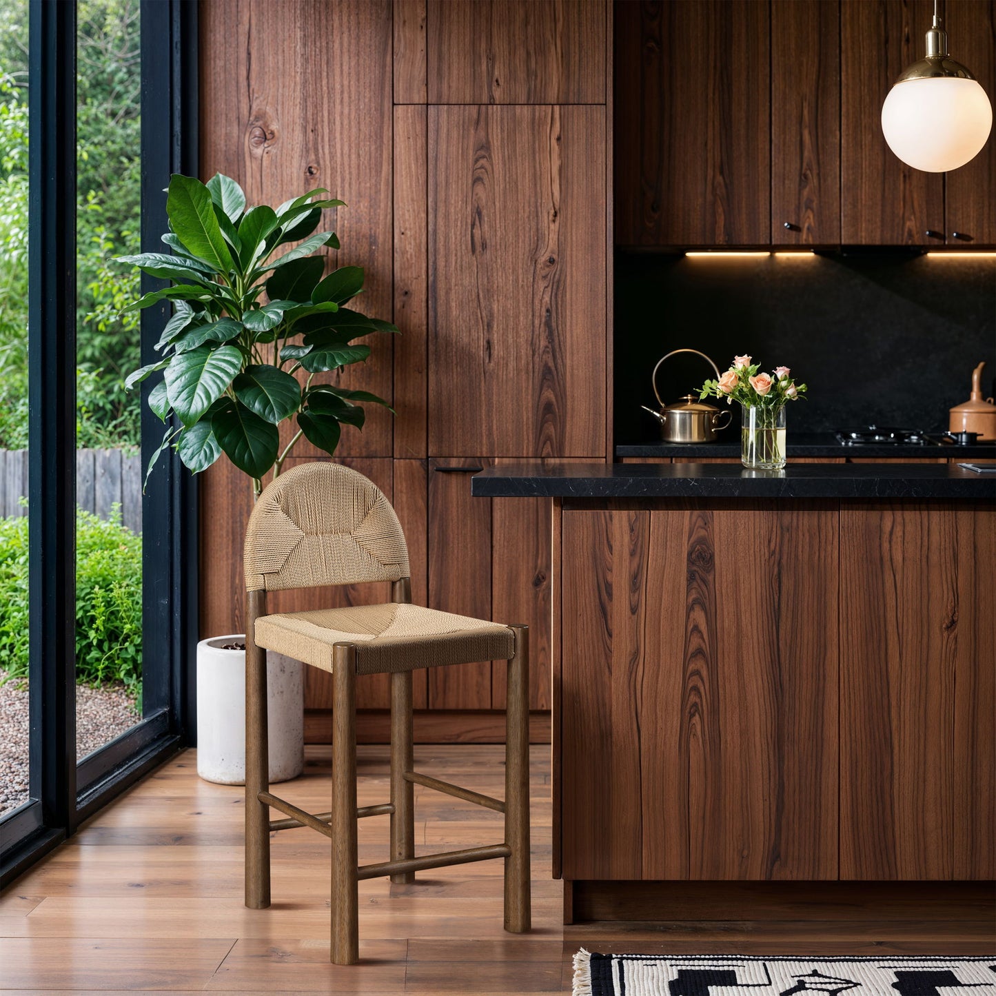 Bohemia - Woven Seagrass Cord And Solid Wood Counter Stool - Beige