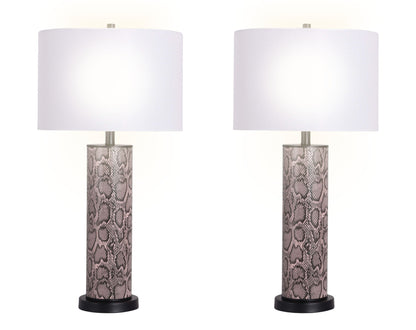 "Serpent Elegance" Faux Leather Table Lamp With Metal Base (Set of 2) - Snake Skin / Asb Gray