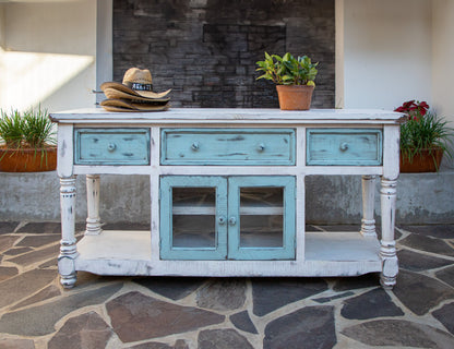 Aruba - TV Stand / Console With 3 Drawers And 2 Doors - Off White / Sky Blue