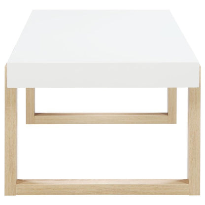 Pala - Mesa De Centro Rectangular Con Patín - Blanco Alto Brillo Y Natural