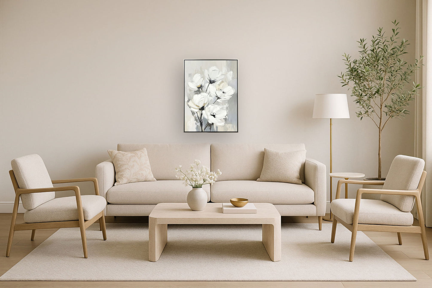 "Whispering Blooms II" Hand-Embellished Canvas In Frame - Neutral / Cream / Ivory