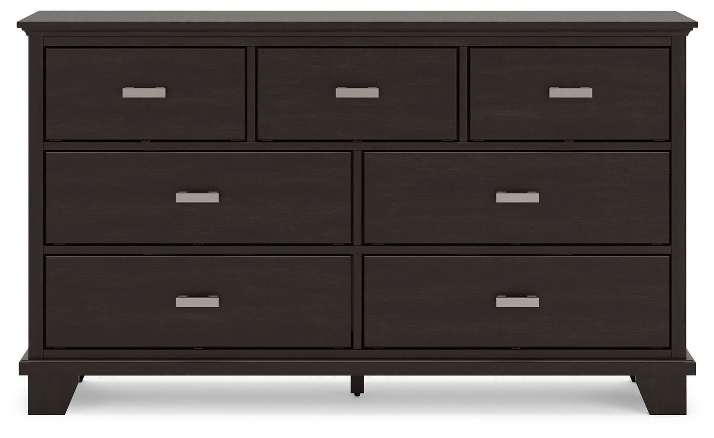 Dark wooden dresser with four large and three small drawers, featuring silver handles.