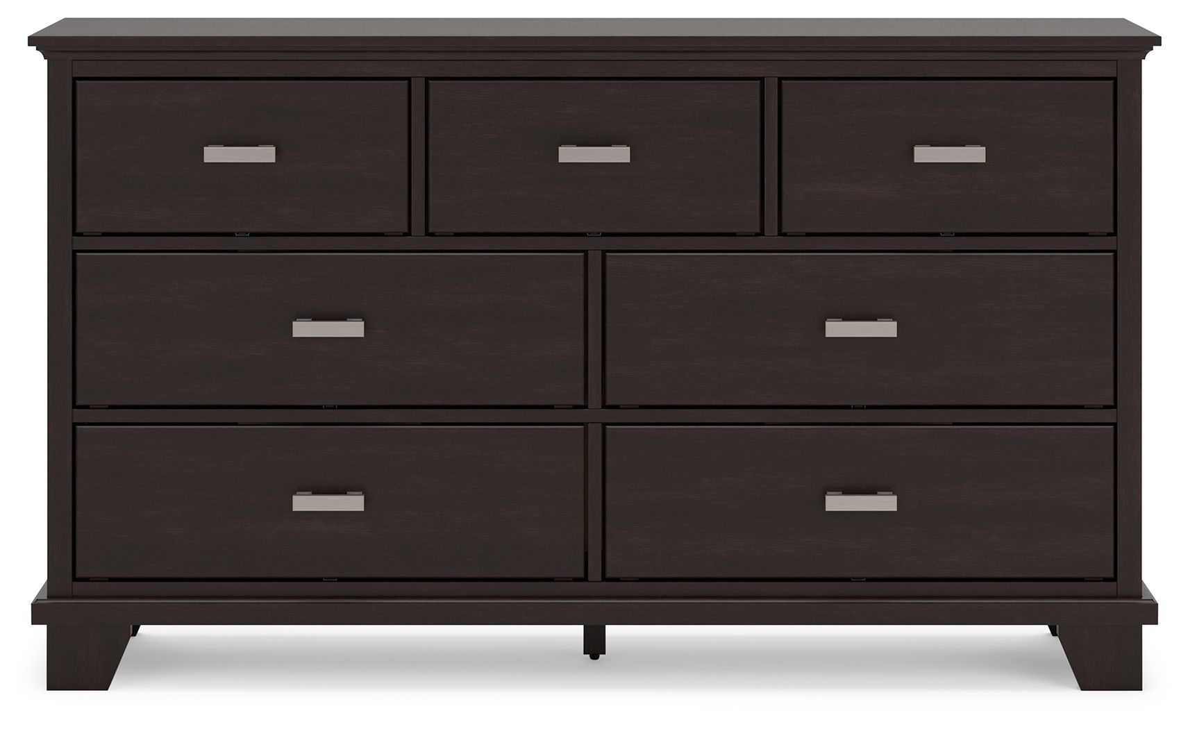 Dark wooden dresser with four large and three small drawers, featuring silver handles.