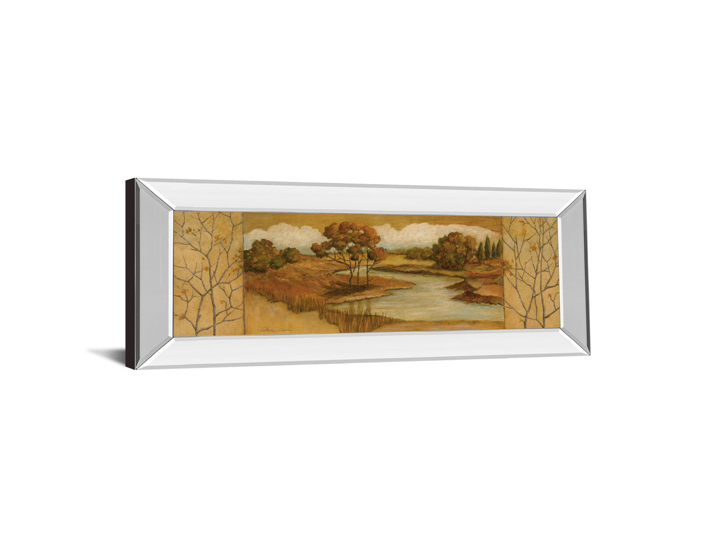 River Scene II - Mirror Framed Print Wall Art - Light Brown