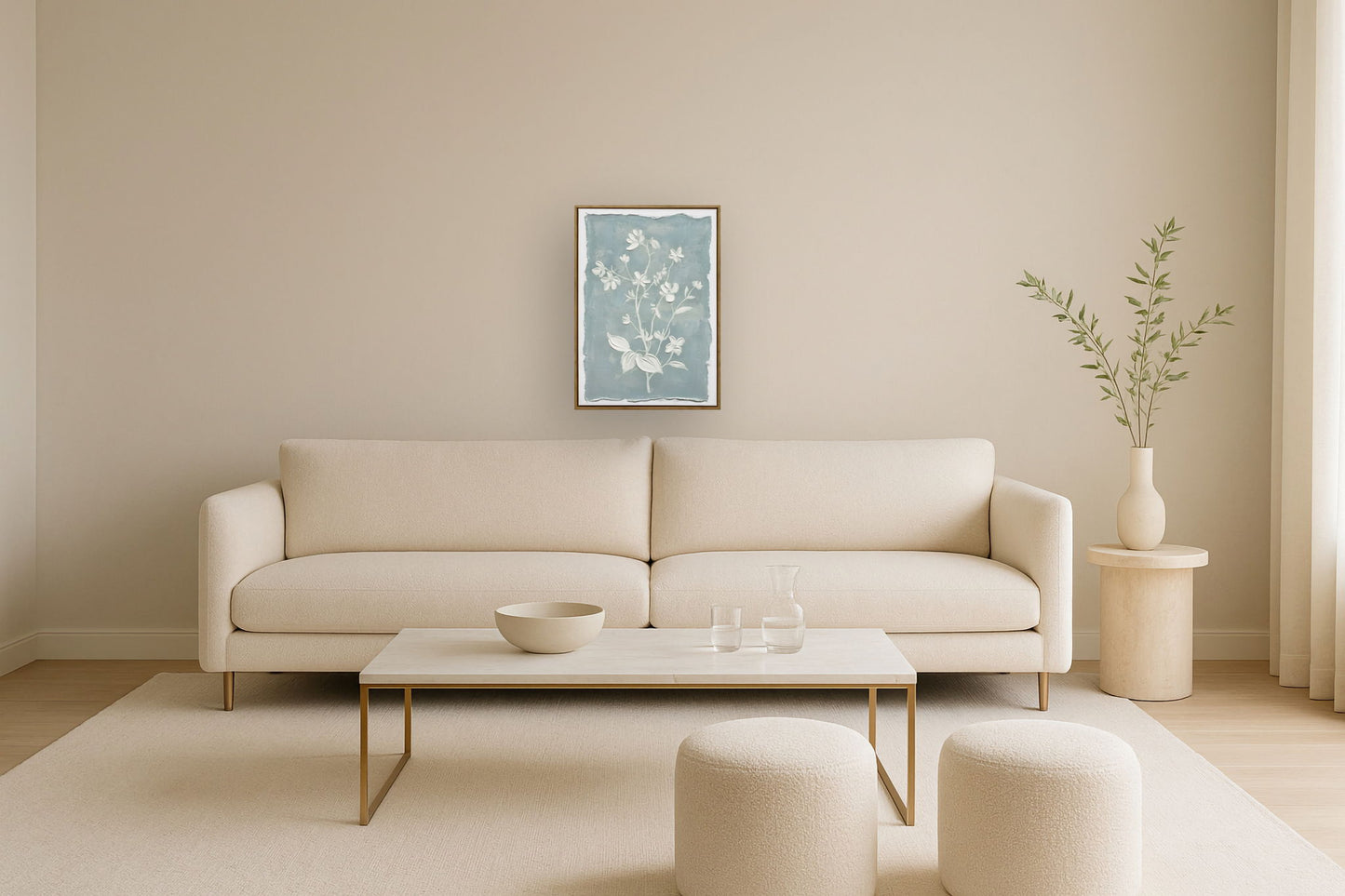 "Whispering Blooms I" Hand-Embellished Canvas In Frame - Blue / White