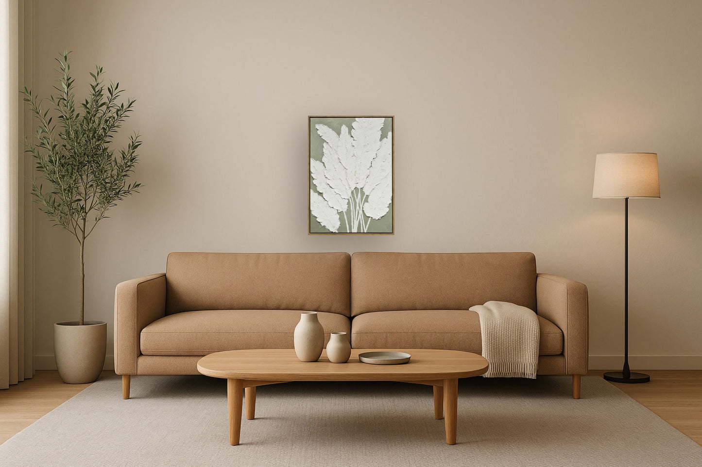 "Textured Foliage I" Hand-Embellished Canvas In Frame - White / Green / Wood