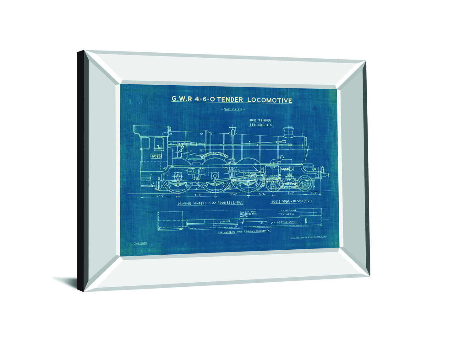 Locomotive Blueprint I By Wild Apple Portfolio - Mirror Framed Print Wall Art - Blue