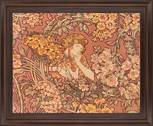 Whimsical Blossom Muse - 28" x 34" Framed Wall Art - Light Brown
