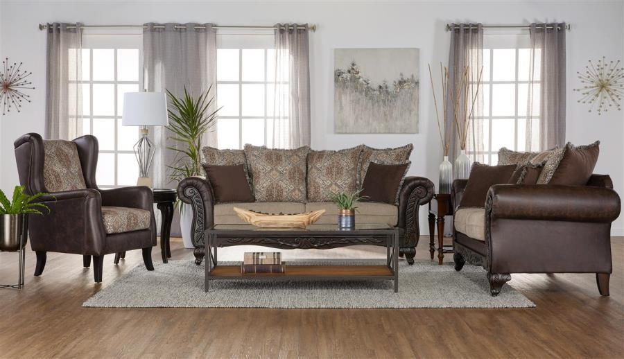 Elmbrook - Upholstered Rolled Arm Loveseat - Brown