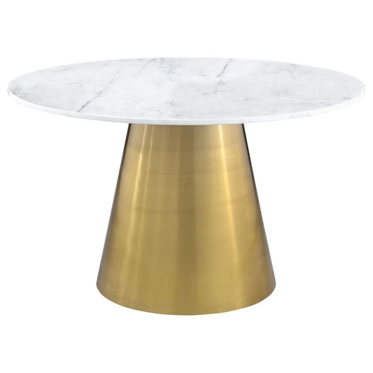 Ambrose - Mesa de comedor redonda de auténtico mármol con acero inoxidable - Blanco y dorado