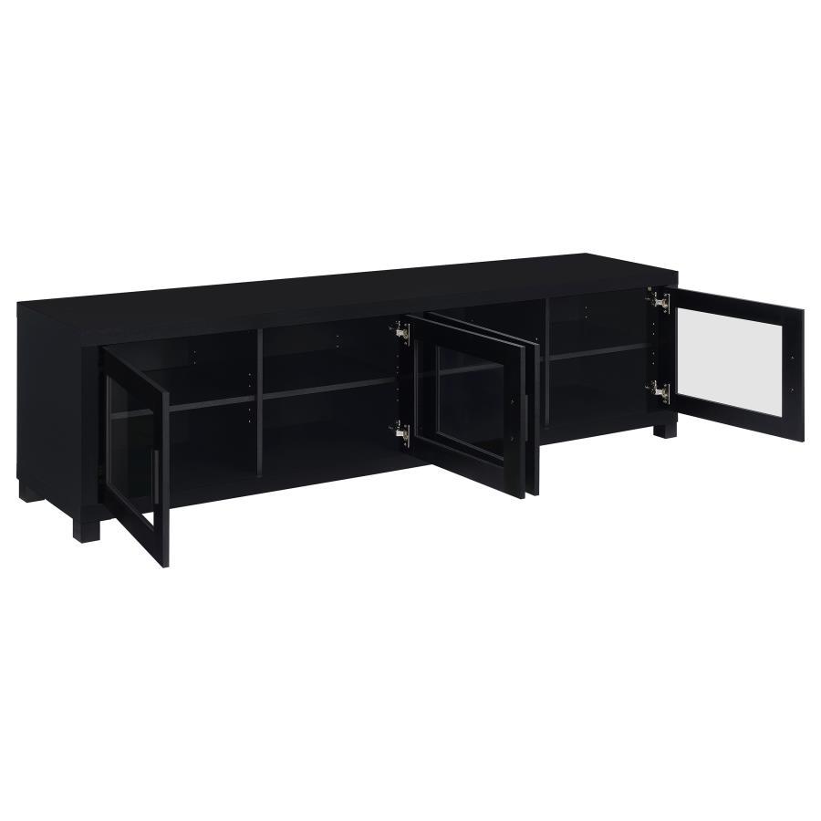 Jupiter - Consola multimedia con soporte para TV de 79" y 4 puertas con paneles de vidrio enmarcados - Negro