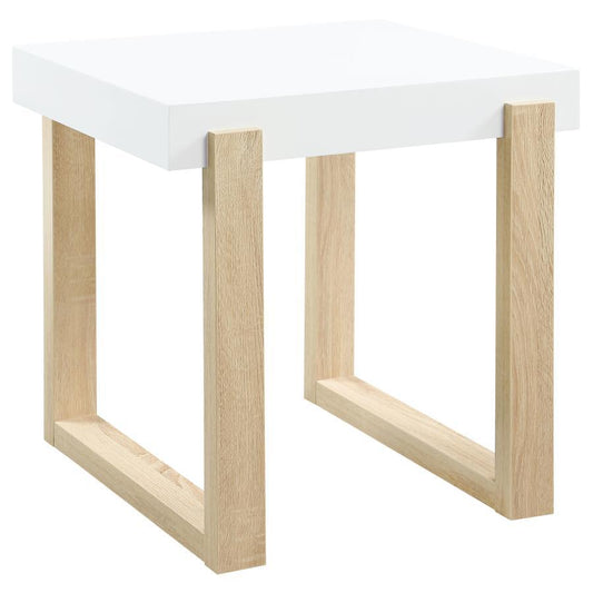 Pala - Mesa Auxiliar Rectangular Con Patín - Blanco Alto Brillo Y Natural