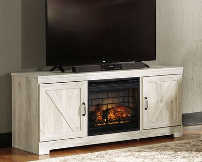 Bellaby - Whitewash - Mueble para TV de 63" con inserto para chimenea de ladrillo refractario sintético