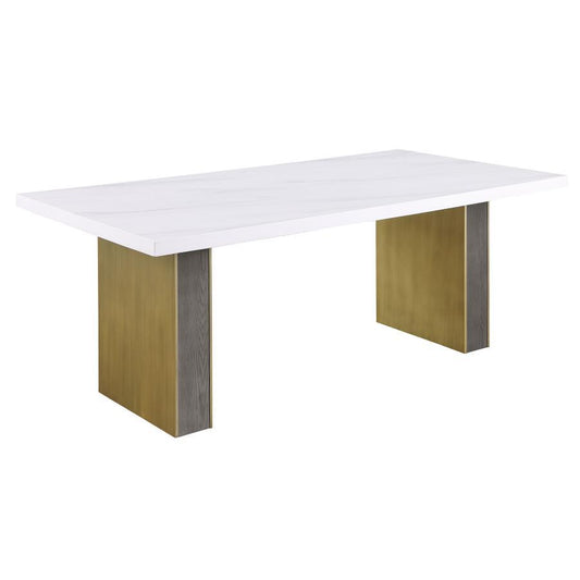 Carla - Mesa de comedor rectangular con tapa de mármol cultivado de Carrara - Blanco y dorado