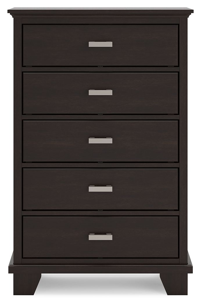 Dark wooden chest of drawers with five spacious drawers and silver handles, featuring a modern design.