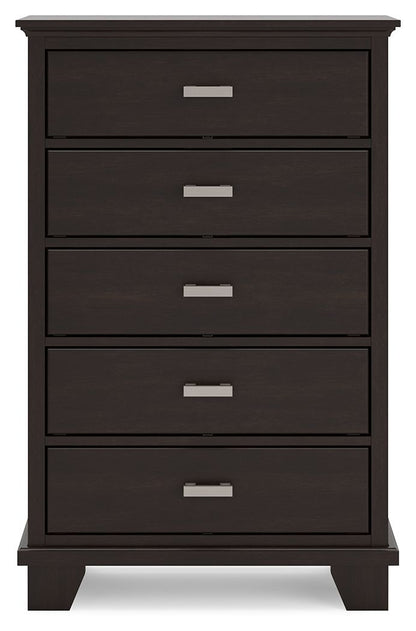Dark wooden chest of drawers with five spacious drawers and silver handles, featuring a modern design.
