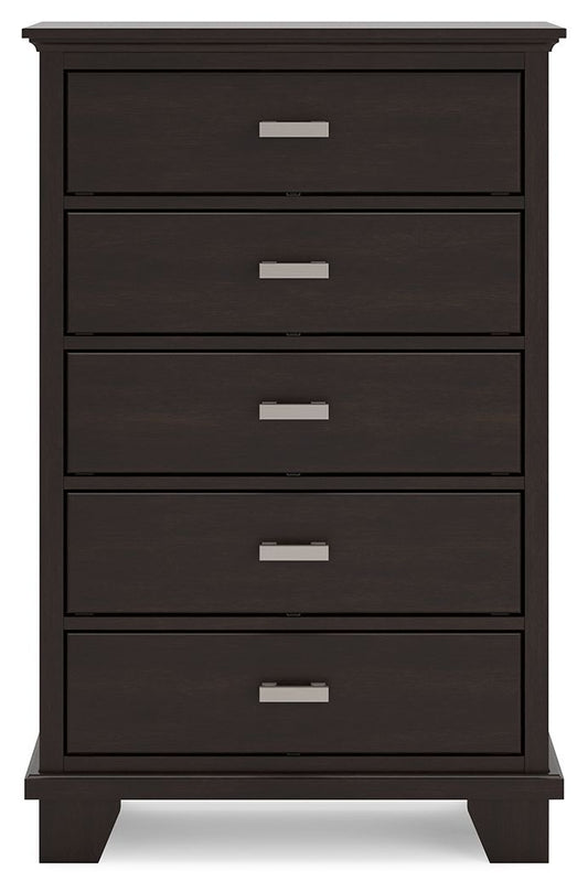 Dark wooden chest of drawers with five spacious drawers and silver handles, featuring a modern design.