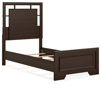 Dark wood bed frame with a simple, modern design, featuring a panel headboard and slatted base.