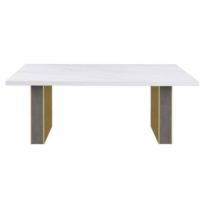 Carla - Mesa de comedor rectangular con tapa de mármol cultivado de Carrara - Blanco y dorado