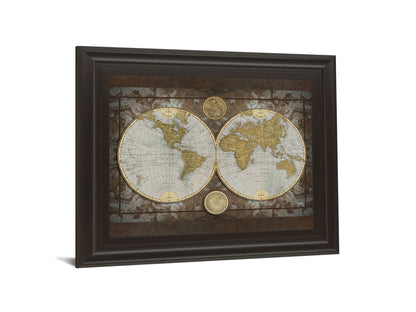 World Map By Elizabeth Medley - Framed Print Wall Art - Beige