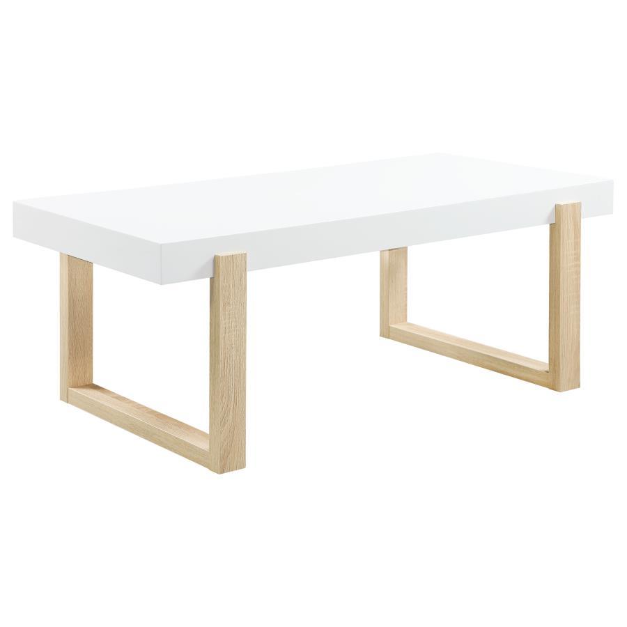 Pala - Mesa De Centro Rectangular Con Patín - Blanco Alto Brillo Y Natural