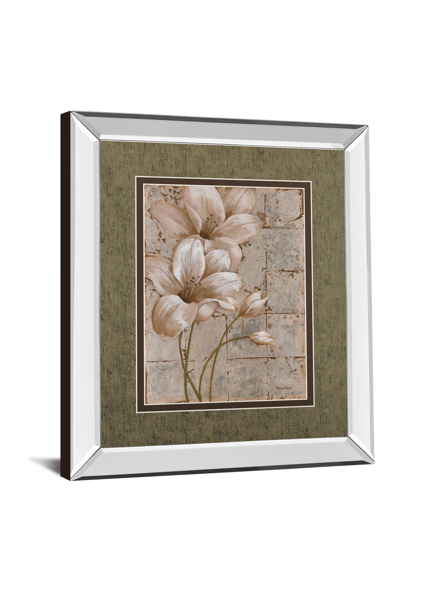 Lilies On Silver I By Vivian Flasch - Mirror Framed Print Wall Art - Light Brown