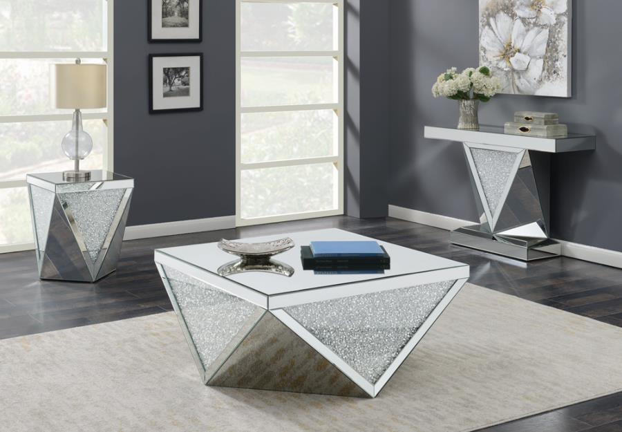 Amore - Mesa de centro cuadrada con detalles triangulares - Espejo plateado y transparente