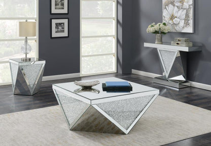 Amore - Mesa de centro cuadrada con detalles triangulares - Espejo plateado y transparente