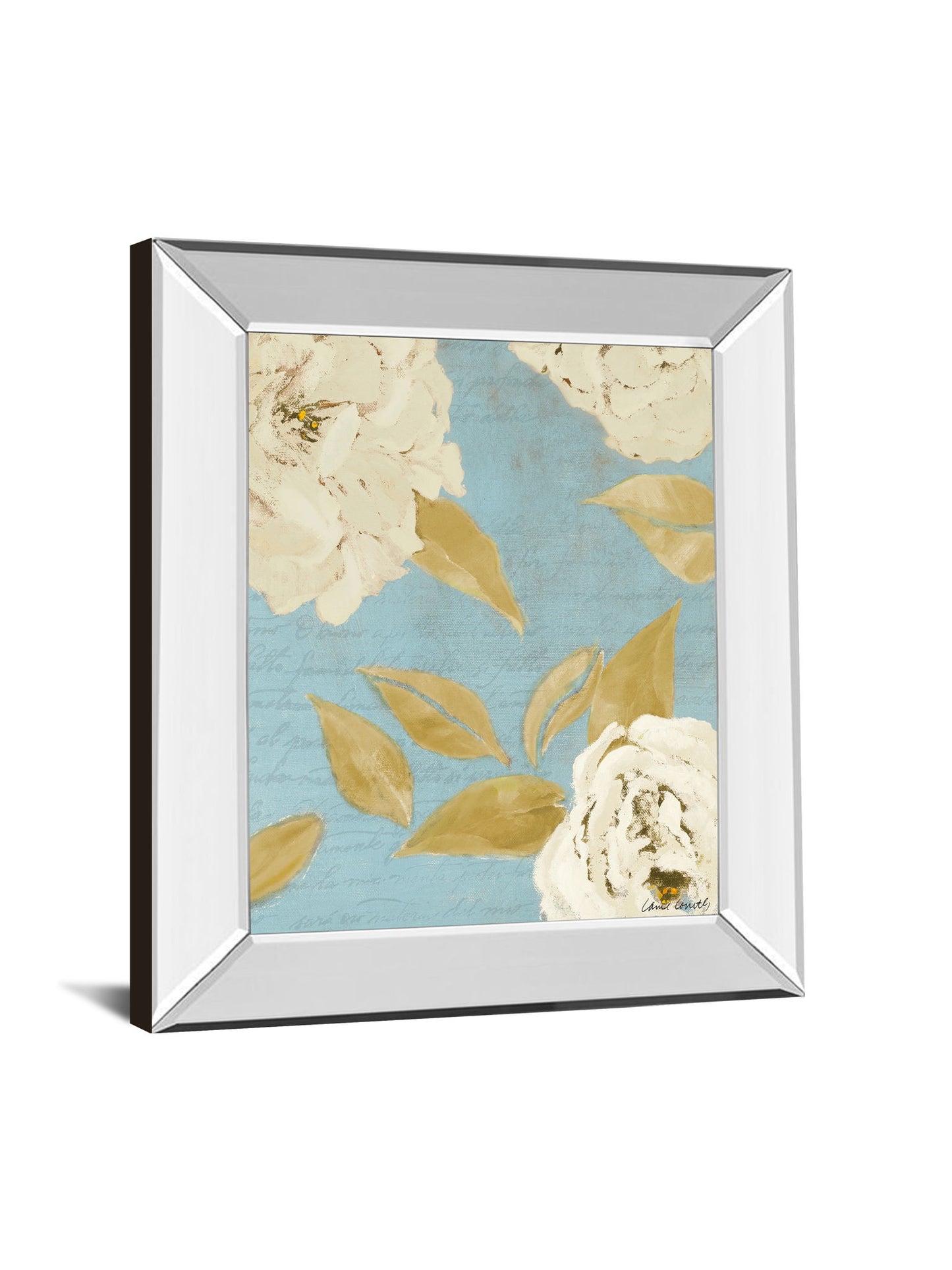 Scripted Poetic Peonies I By Lanie Loreth - Mirror Framed Print Wall Art - Light Blue