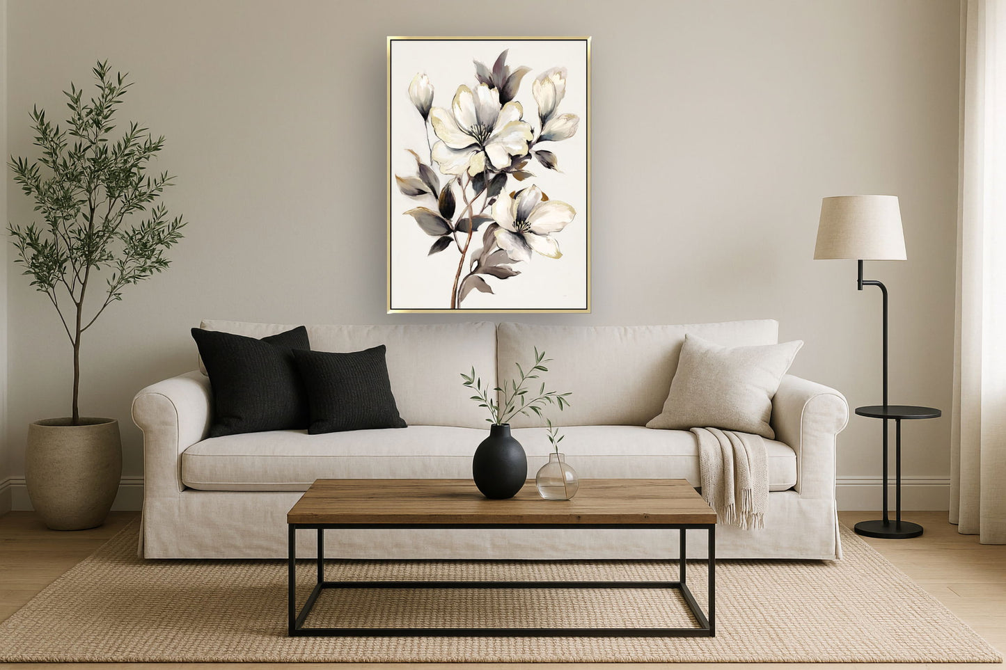 Ivory Bloom Serenade - 35" x 47" Framed Wall Art - Beige