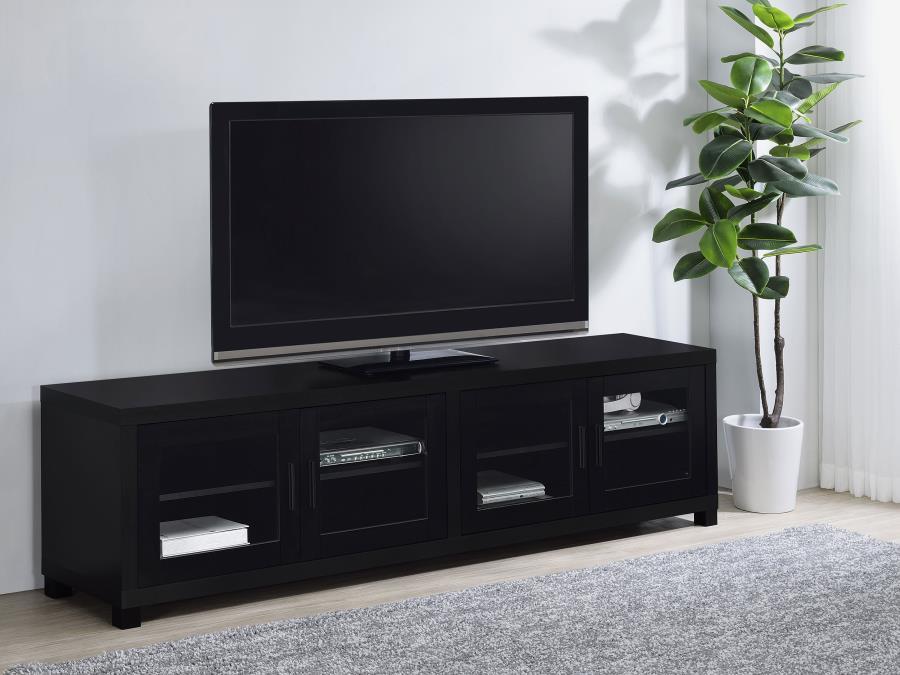 Jupiter - Consola multimedia con soporte para TV de 79" y 4 puertas con paneles de vidrio enmarcados - Negro
