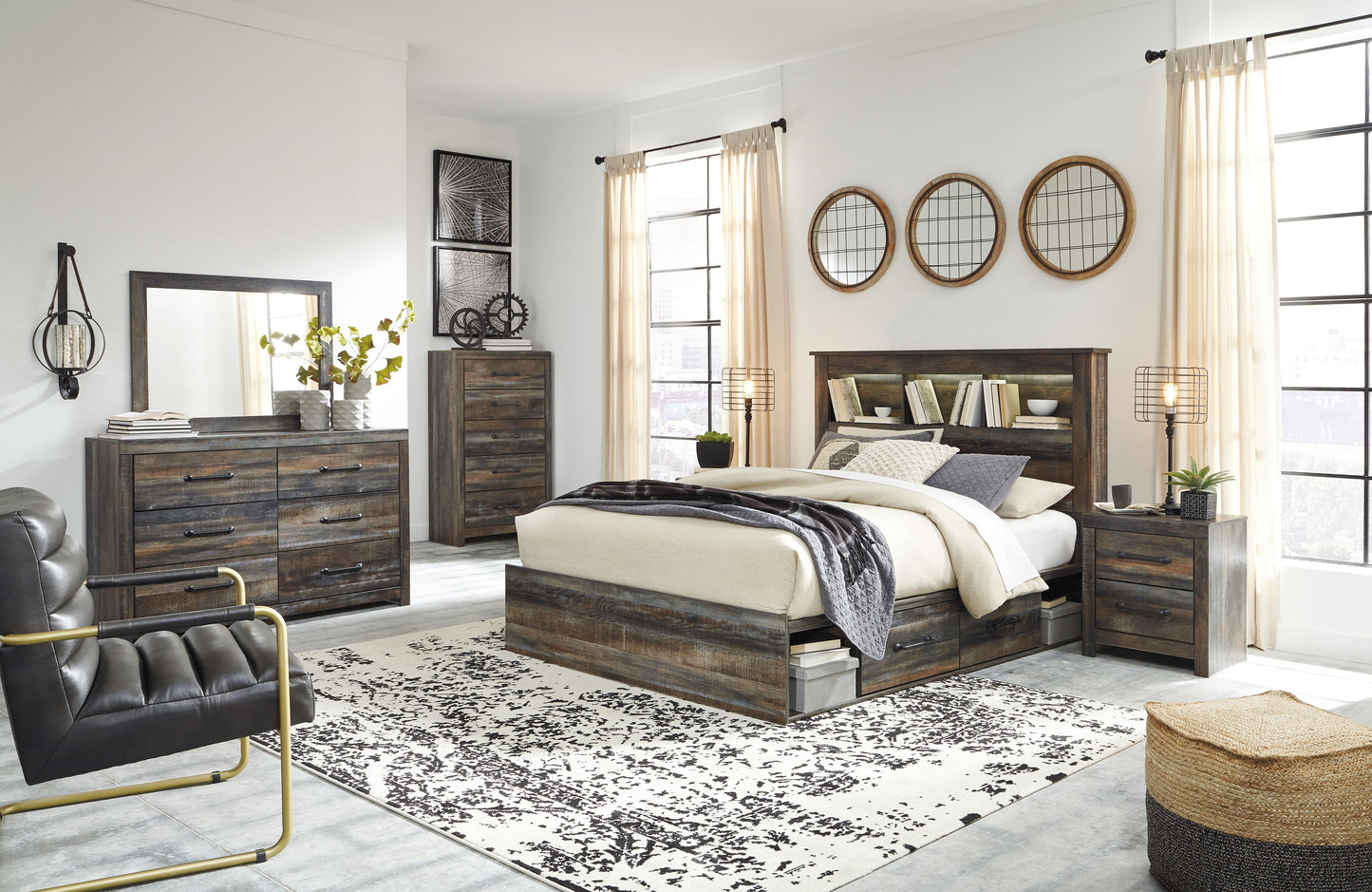 Drystan - Dresser, Mirror, Bookcase Bed Set