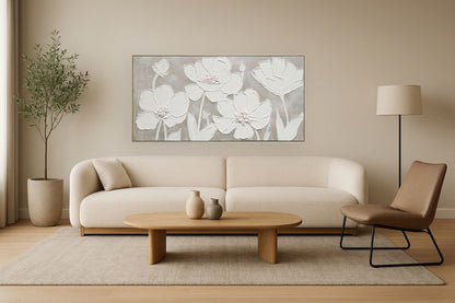 "Textured Blossoms" Hand-Painted Canvas In Frame - White / Gray