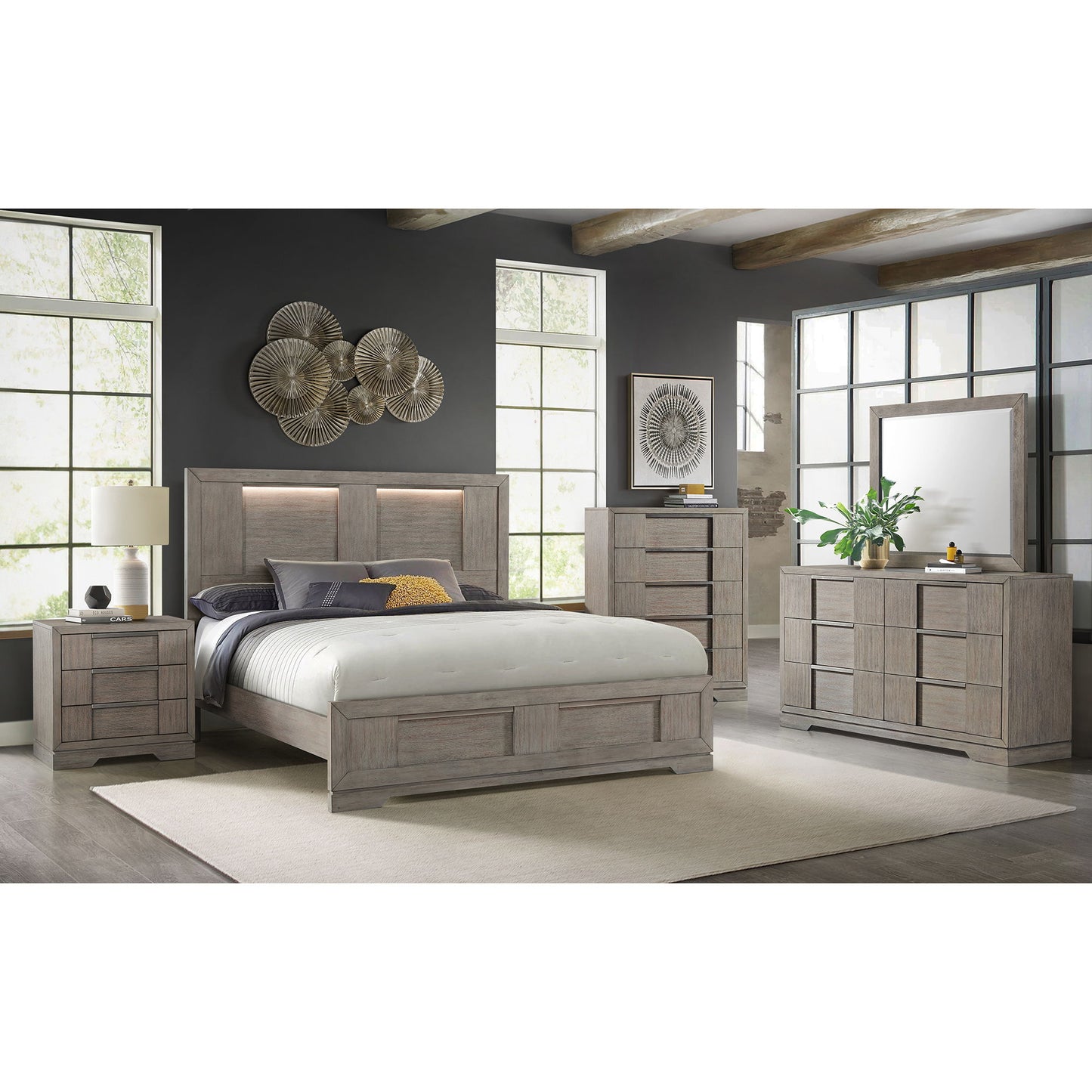 Kelis - 4 Piece Bedroom Set With Queen Panel Bed And LED - Gray