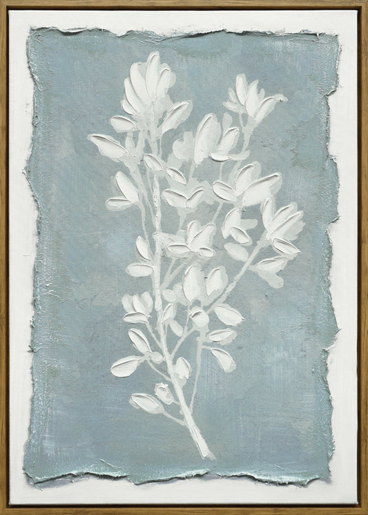 "Whispering Blooms II" Hand-Embellished Canvas In Frame - Blue / White / Wood