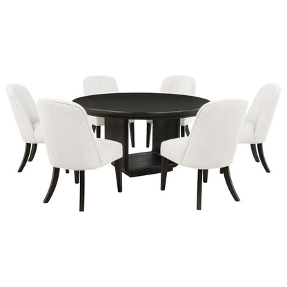 Leandro - 7 Piece Round Dining Table Set - Cream / Burnished Black