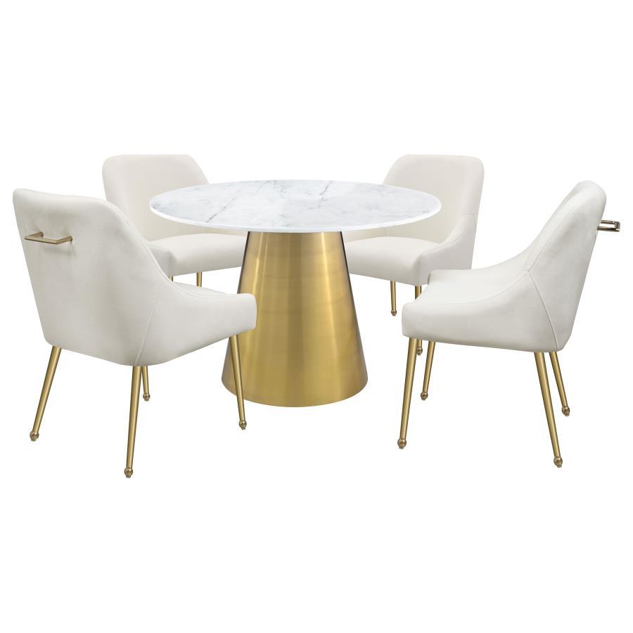 Ambrose - Mesa de comedor redonda de auténtico mármol con acero inoxidable - Blanco y dorado