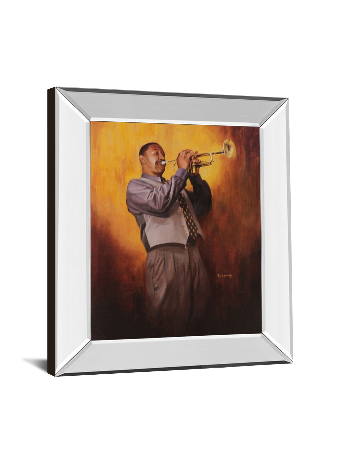 Trumpet Player - Mirror Framed Print Wall Art - Light Brown