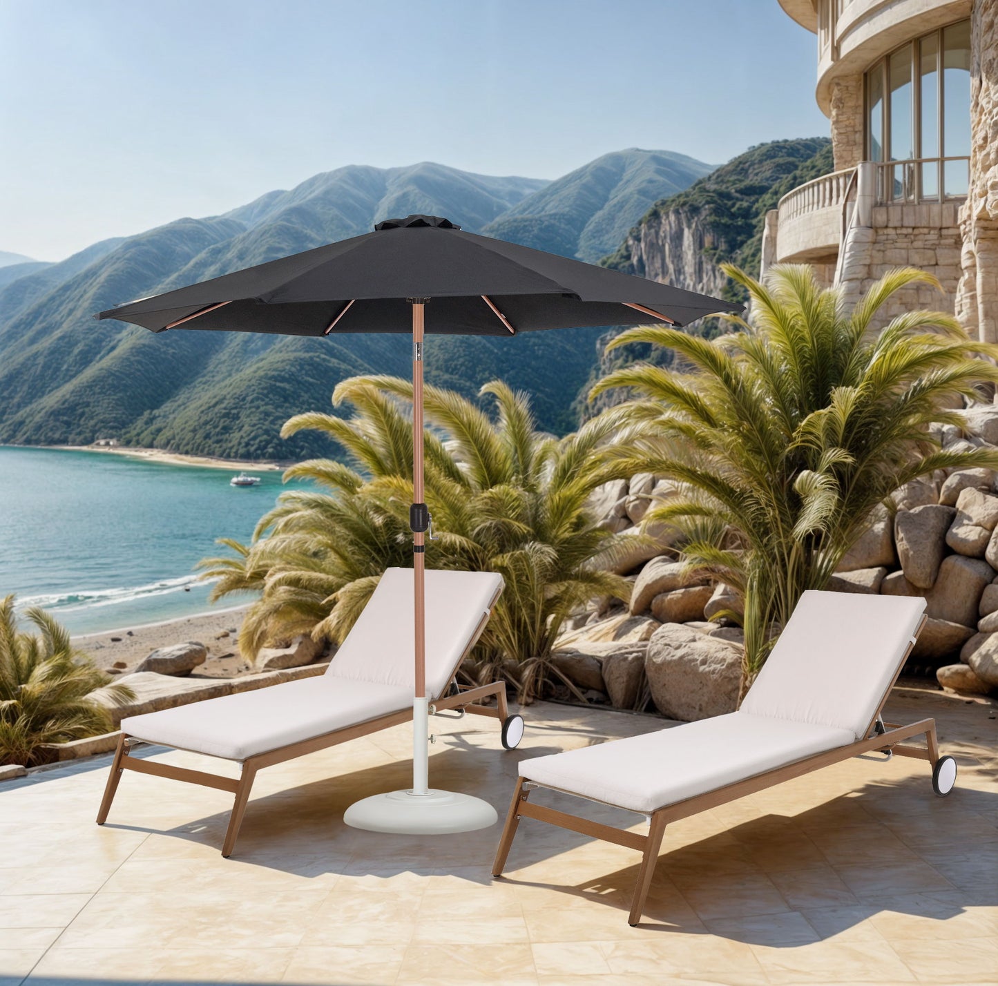 Fiji - Aluminum Patio Umbrella With Round White And Teak Base