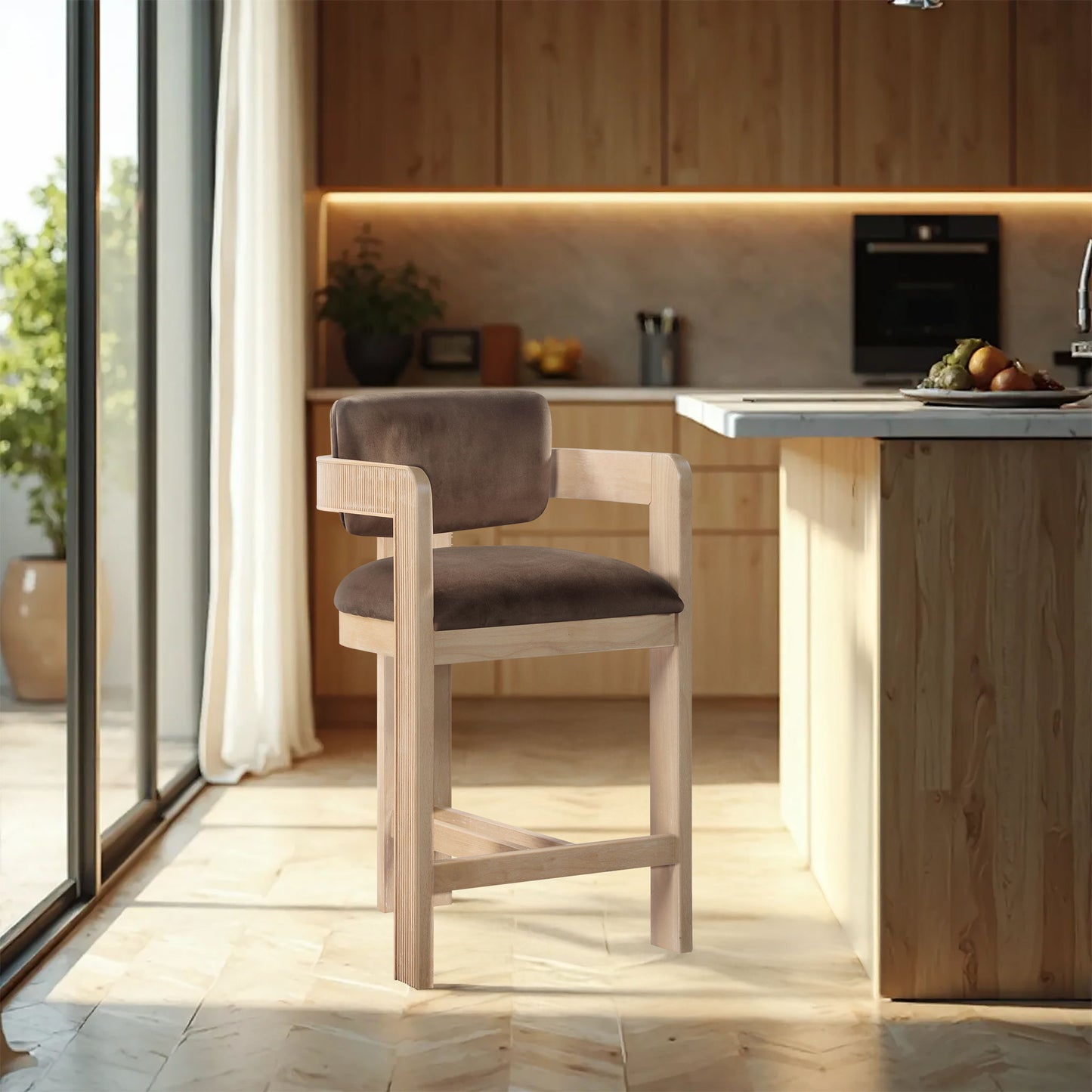 Sacha - Velvet Stool With Natural Base