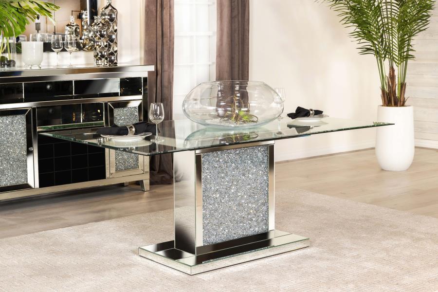 Marilyn - Mesa de comedor rectangular con pedestal y tapa de vidrio - Espejo