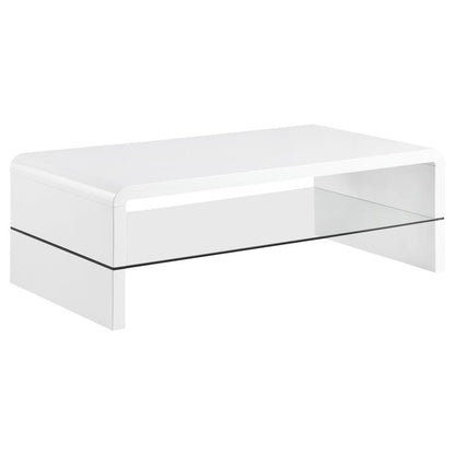 Airell - Mesa de centro rectangular con estante de cristal - Blanco brillante