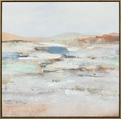 "Serene Horizons I" Hand-Embellished Canvas In Frame - White / Orange / Blue