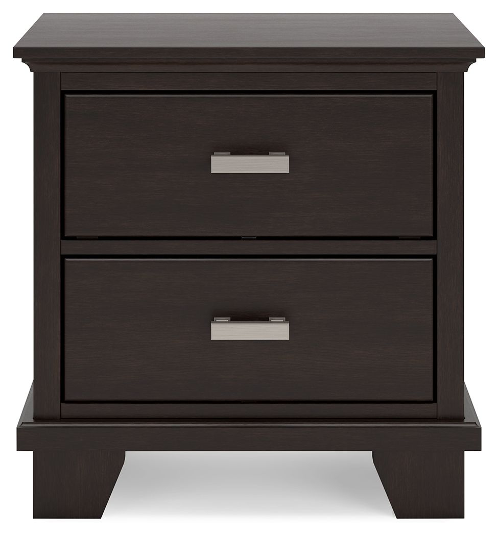 Dark wood nightstand with two drawers and silver metal handles. Sturdy base with square legs.