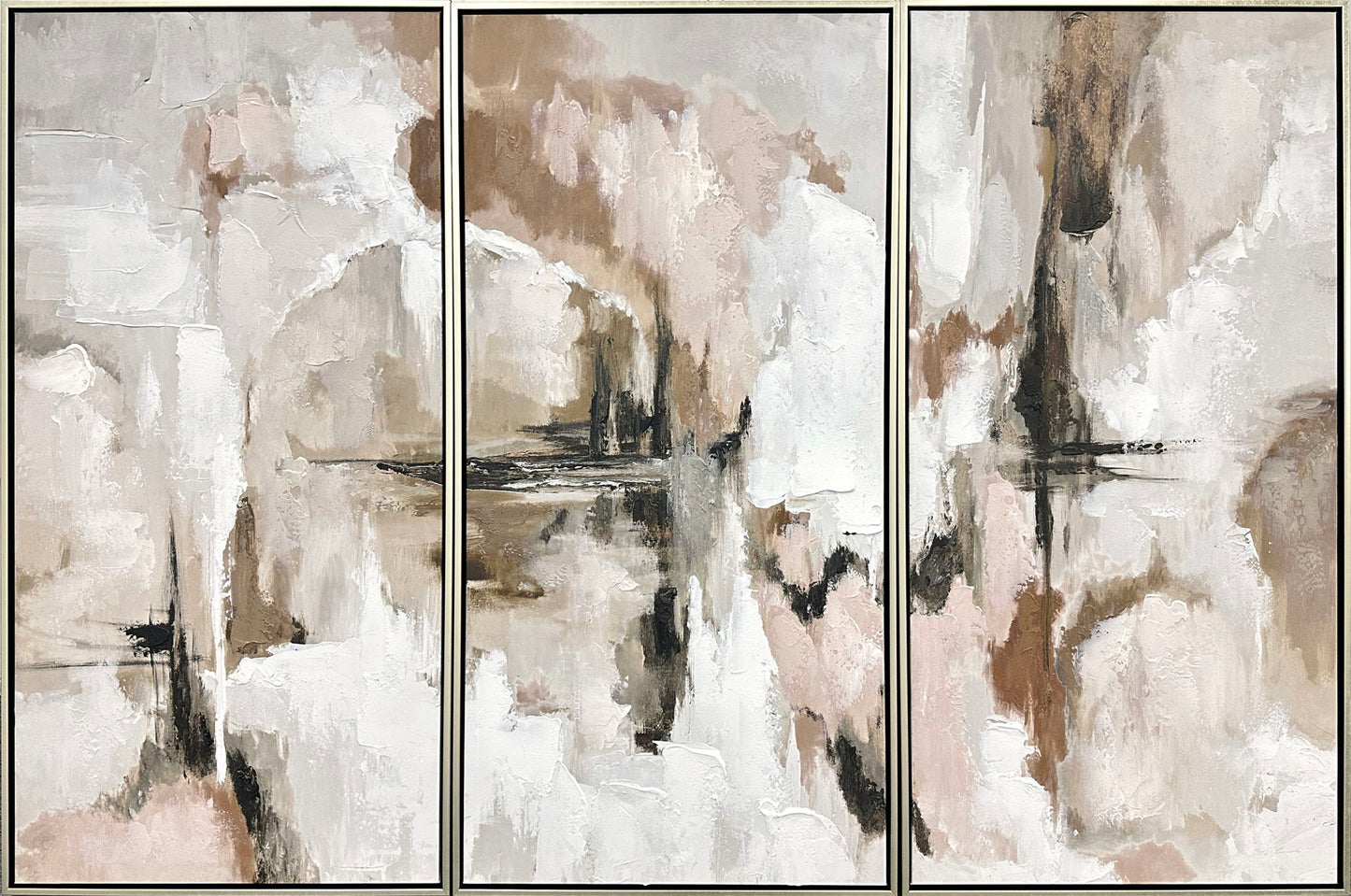 "Ethereal Reflections" Hand-Embellished Canvas Triptych In Frame - Neutral