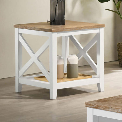 Maisy - Mesa auxiliar cuadrada de madera con estante - Marrón y blanco