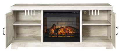 Bellaby - Whitewash - Mueble para TV de 63" con inserto para chimenea de ladrillo refractario sintético