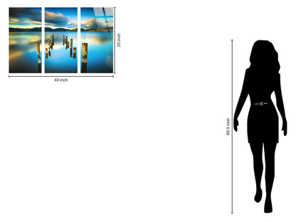 "Serene Reflection" Tempered Glass Triptych With Foil - Blue / Natural